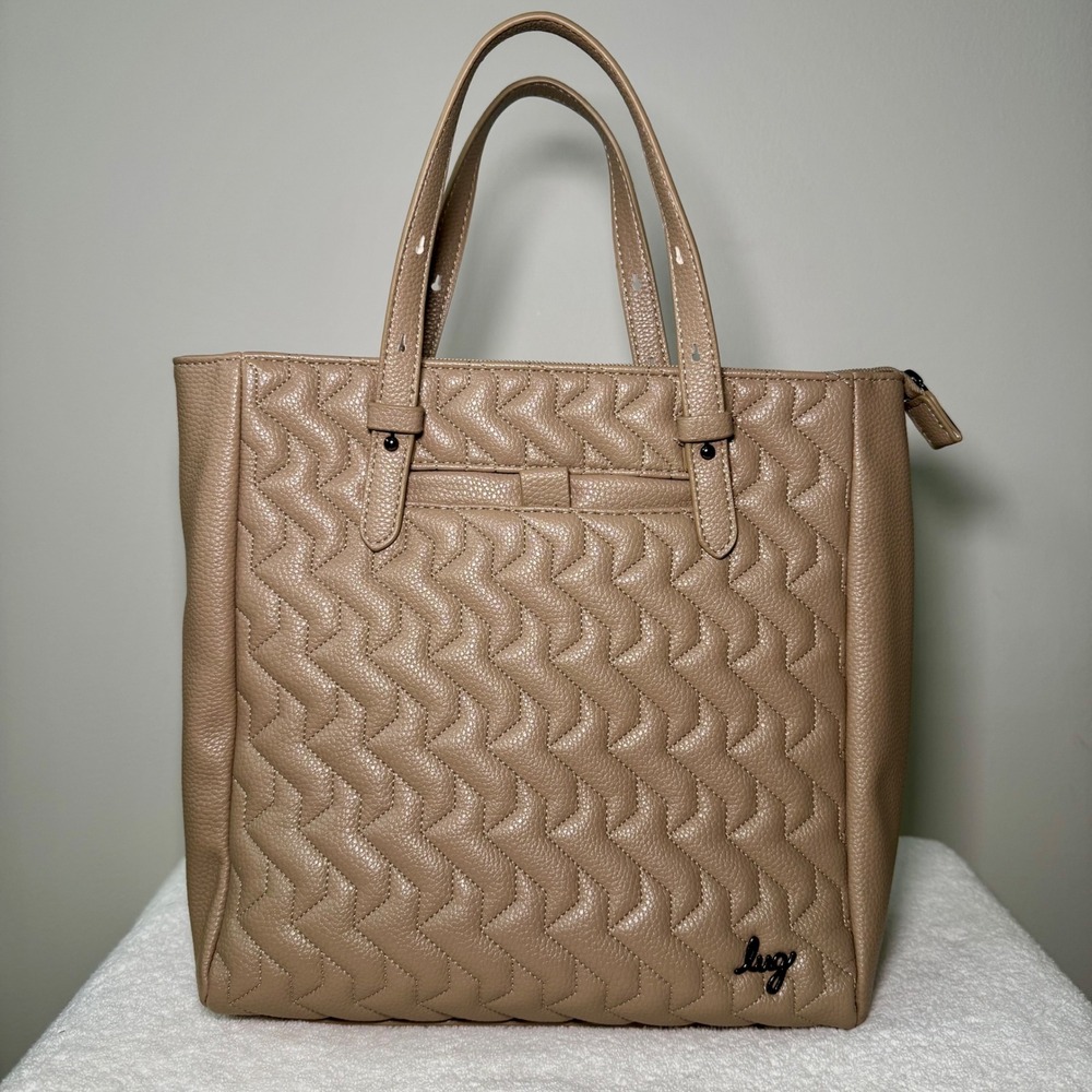 Lug Charter Tote Bag Taupe Vegan Leather Chevron Quilted Shoulder Bag Tan